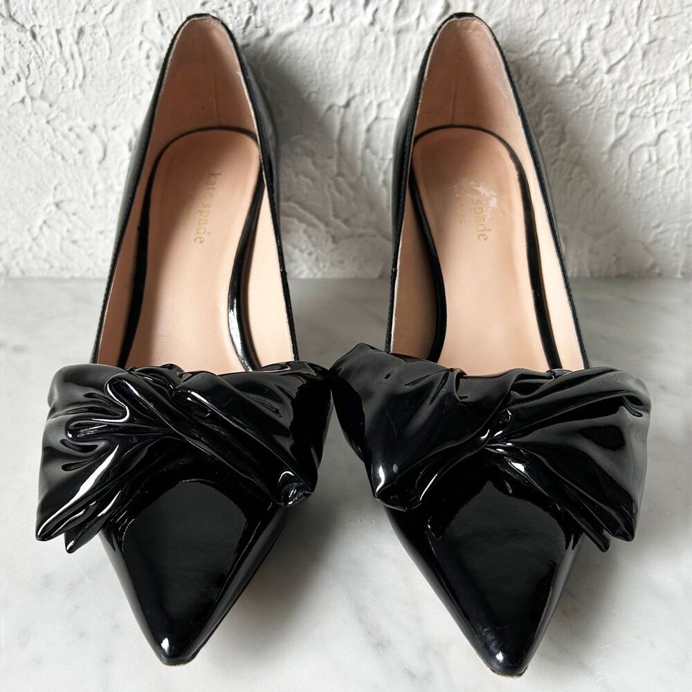 Kate Spade Twist Bow Pumps Women's 8.5 Black Patent Leather Strudel 3" Heels